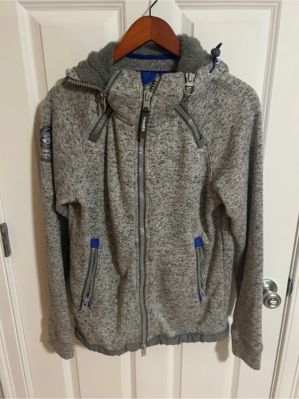Superdry Men’s Heather Gray Hooded Zip Jacket with Blue Accents